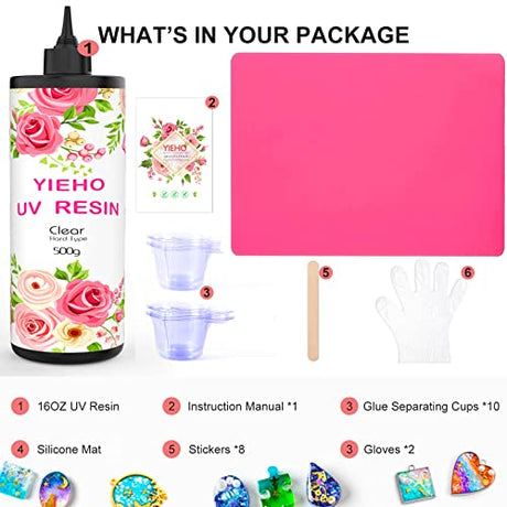 YIEHO 500g UV Resin Kit-Bulk Crystal Clear Hard UV Fast Curing Epoxy Resin Supplies with Mat for Craft Jewelry Making YIEHO