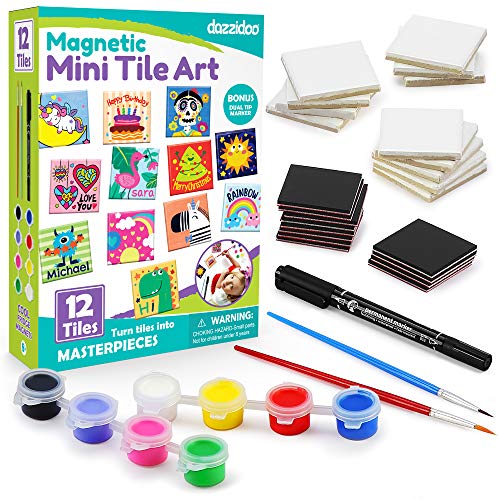 Magnetic Mini Tile Art - DIY Craft Kit; Design and Paint Magnet Tiles - Kids Paint Arts & Crafts Project; Includes 12 Tile Magnets, 8 Paint Colors, 2 - WoodArtSupply