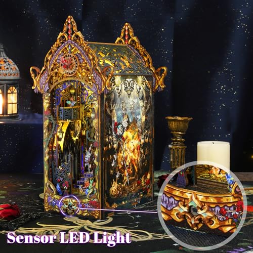 DIY Book Nook Kit Castle Miniature Dollhouse Kit, Magic Castle Bookshelf Insert Decor with Sensor LED Light, Bookend Building Set Hobbies 3D Wooden Hallisun