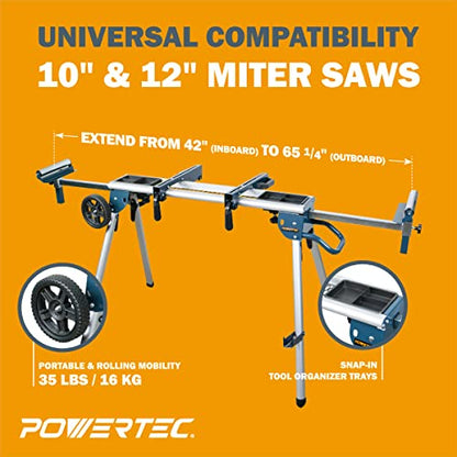 POWERTEC MT4008 Deluxe Rolling Miter Saw Stand with Systematic Tool Storage Trays