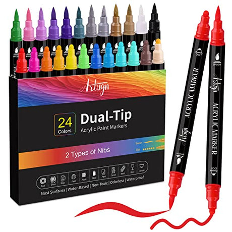 24 Colors Acrylic Paint Pens, Dual Tip Pens With Medium Tip and Brush Tip for Rock Painting, Ceramic, Wood, Plastic, Calligraphy, Scrapbooking, Brush Artugn