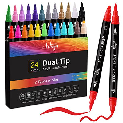 24 Colors Acrylic Paint Pens, Dual Tip Pens With Medium Tip and Brush Tip for Rock Painting, Ceramic, Wood, Plastic, Calligraphy, Scrapbooking, Brush