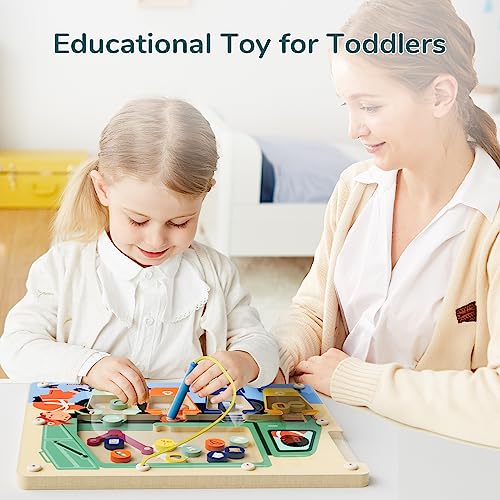 TOP BRIGHT Wooden Magnetic Wand Maze Board for 3 4 5 Years Old, Wooden Activity Board, Learning Color Recognition Magnetic Beads Fidget Toys for Kids TOP BRIGHT