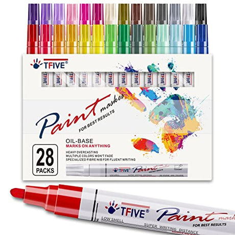 28 Color Paint Markers Pens Set, Oil-Based Permanent Paint Marker, Medium Tip, Quick Dry and Waterproof Paint Pen for Rock Painting, Ceramic, Wood, TFIVE