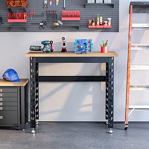 HOMCOM 45" Work Bench with Adjustable Footpads and Large Solid Wood Tabletop Tool Table for Garage, Weight Capacity 1100 lbs - WoodArtSupply