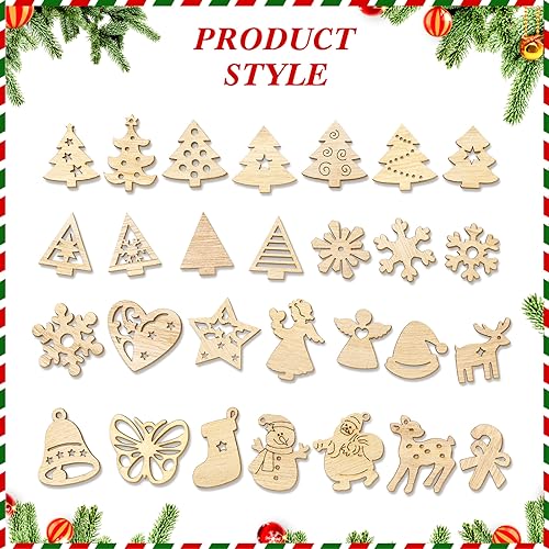 300 Pieces Christmas Unfinished Mini Wooden Ornaments Christmas DIY Mini Wood Blank Cutouts Christmas Tree Painting DIY Craft for Xmas Decorations