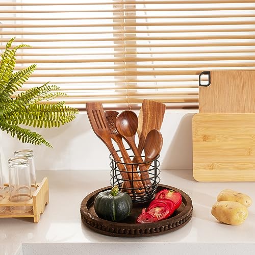 SimpleArt Wooden Decorative Tray, Coffee Table Tray with Wood Beaded Farmhouse Round Serving Tray for Rustic Home Decor,Tray for Kitchen Countertop SimpleArt