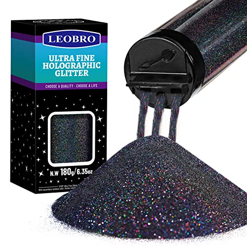 LEOBRO Black Glitter, Glitter, 180G/6.35OZ Holographic Ultra Fine Glitter, Resin Glitter Powder, 1/128" Metallic Black Glitter for Crafts Resin LEOBRO