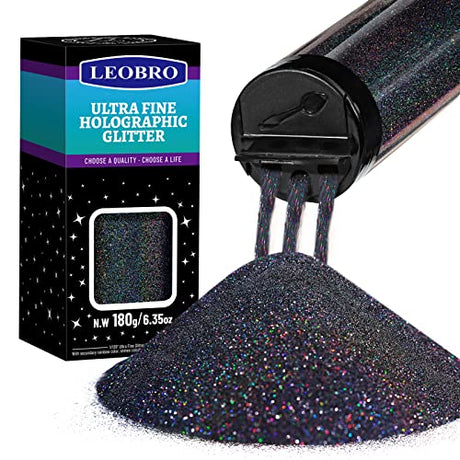 LEOBRO Black Glitter, Glitter, 180G/6.35OZ Holographic Ultra Fine Glitter, Resin Glitter Powder, 1/128" Metallic Black Glitter for Crafts Resin LEOBRO