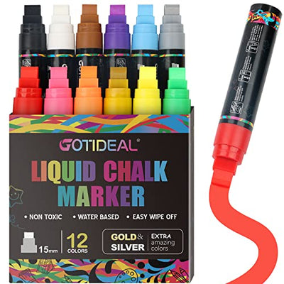 GOTIDEAL 12 Colors Jumbo Window Markers, Bold Car Markers, Chalkboard Markers for Kids Restaurant, Blackboard, Glass, Bistro, Car Paint Wet Erasable,