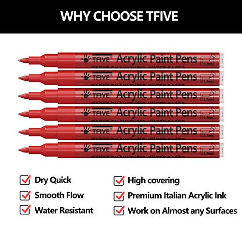 Red Marker Paint Pens - 6 Pack Acrylic Red Permanent Marker, 0.7mm Extra Fine Tip Paint Pen for Art projects, Drawing, Rock Painting, Stone, Ceramic, TFIVE