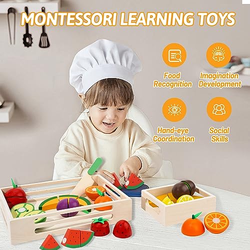 BAODLON Wooden Cutting Fruit Set - Wooden Play Food Toys for Kids Kitchen, Multi-Pretend Play Food Kitchen Accessory with 2 Trays, Play Fake Fruit