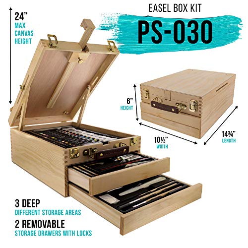 U.S. Art Supply 95 Piece Wood Box Easel Painting Set - Oil, Acrylic, Watercolor Paint Colors and Painting Brushes, Oil Artist Pastels, Pencils - U.S. Art Supply