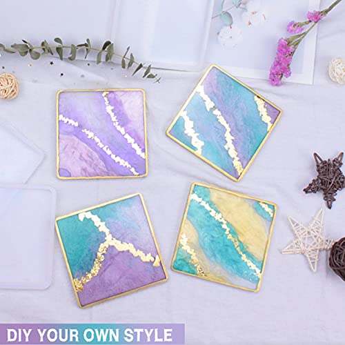 ResinWorld 4 Pack 4 inches Square Coaster Molds, Shiny Coaster Silicone Mold for Resin, Geode Aagte Coaster Resin Molds ResinWorld