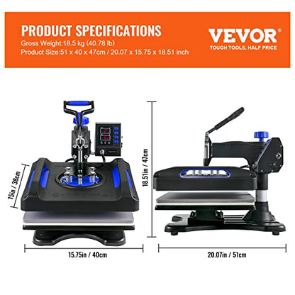 VEVOR Heat Press Machine 8 in 1 Combo - 15x15 Tshirt Press Machine with Tumbler Press, 360° Swing Away Digital Multifunction Heat Transfer