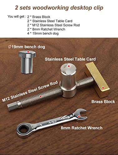 2PCS 3/4 Inch Bench Dog Clamps, Woodworking Clamps with 4 Bench Dogs, CNC Precision Machining Bench Dog with 2 Ratchet Wrenches, Low Profile Design JEEJINYAN