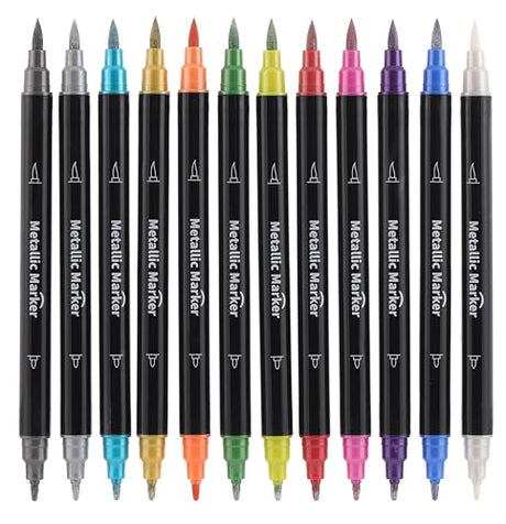 Colourcolor Metallic Marker Pens - Dual Tip Brush and Fine Point Pens for DIY Album, Black Cards, Rock Painting, Card Making, Scrapbooking, Fabric, Colourcolor