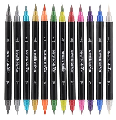 Colourcolor Metallic Marker Pens - Dual Tip Brush and Fine Point Pens for DIY Album, Black Cards, Rock Painting, Card Making, Scrapbooking, Fabric,