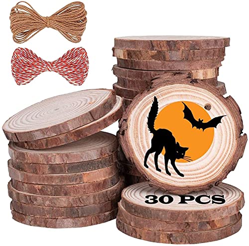 Wood Ornaments 30 Pcs 2.3-2.8 Inches, Gbivbe Wood Slices Unfinished Natural Wooden Predrilled Wood Craft Kit with Hole Wooden Circles Tree Slices for