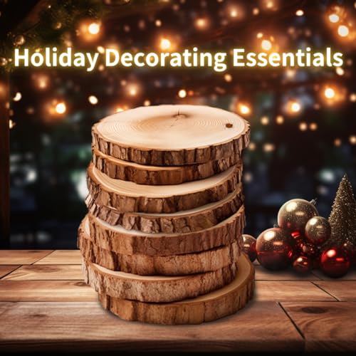 Coasters Wood Slices Burning Kit :Unfinished Natural Crafts with Bark 30 Pcs 2.4-2.8 inch Hemp Rope Suspension Hole Kids DIY Arts Christmas Ornament
