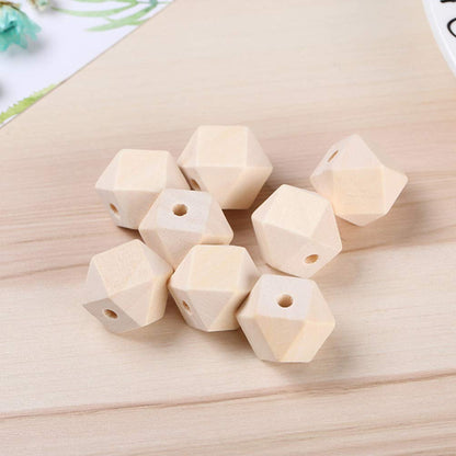 SUPVOX 100PCS Unpainted Faceted Geometric Wood Beads-12mm Natural Color Polygons Shape DIY Wooden Spacer Beads with Hole for Handmade Necklace