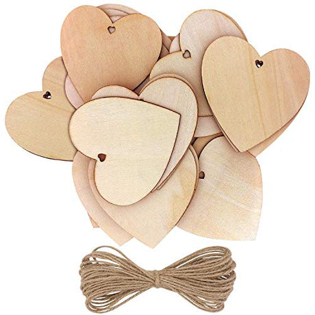 Kurtzy 50 Pack of Wooden Hearts with Natural Twine - 10x10cm / 4x4 Inches Unfinished Wooden Shaped Heart Set with Holes - Decorations for Weddings, Kurtzy