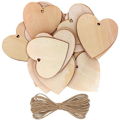 Kurtzy 50 Pack of Wooden Hearts with Natural Twine - 10x10cm / 4x4 Inches Unfinished Wooden Shaped Heart Set with Holes - Decorations for Weddings,