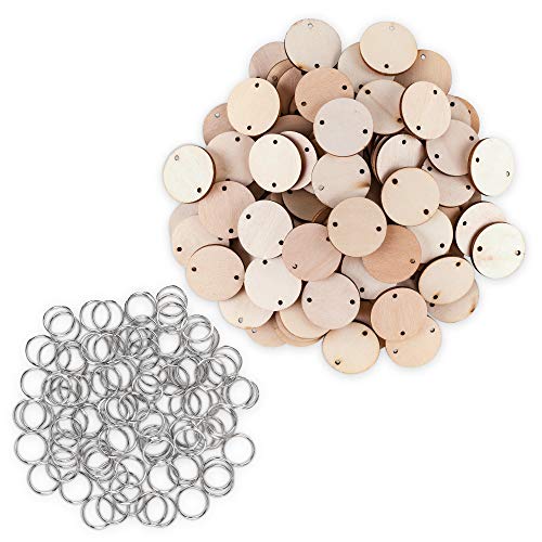 100 Wood Rounds and 100 Key Rings Wooden Circle Discs with Holes and Ring Clips for Birthday Board Tags, Homemade DIY Gifts, Arts & Crafts (1" Inch)