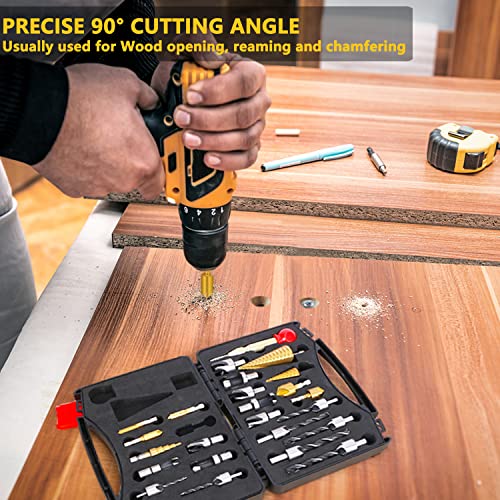 LAMPTOP 26-Pack Woodworking Chamfer Drilling Tools Including Countersink Drill Bits, 3-Pointed Countersink Drill Bit with L-Wrench, Wood Plug Cutter, LAMPTOP