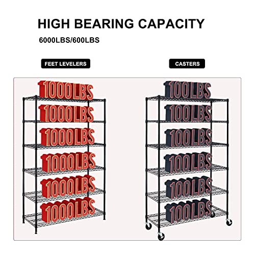 Storage Shelves 6000lbs Capacity, 6 Tier Metal Shelf on Casters 48" L×18" W×76" H Movable Heavy Duty Shelving Unit NSF Wire Shelf with Wheels for TYNB