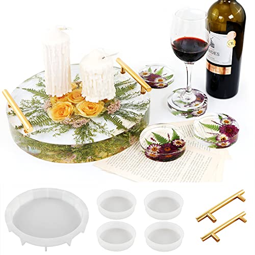 XXKJSZJQ Tray Molds for Epoxy Resin kit 13.5'' Deep Large Round Silicone Molds with 4pcs Coasters Resin Molds, Table Clock Mold DIY Flowers XXKJSZJQ