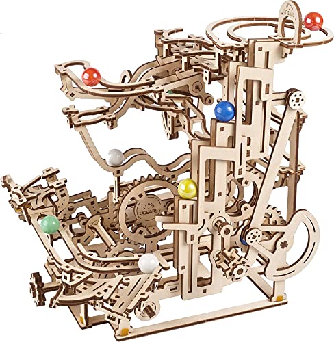 UGEARS Marble Run Tiered Hoist - Wooden Marble Run Kit with 10 Colored Marbles - 3D Puzzles for Adults and Kids - Amusement Park Wood Marble Track 3D