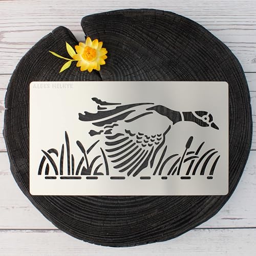 Aleks Melnyk No.469 Metal Stencil, Duck Flies Over Water and Reeds, Birds, Animals, Small Stencil, 1 PC, Template for Wood Burning, Engraving, - WoodArtSupply