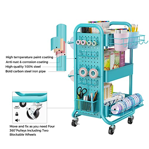 DESIGNA 3-Tier Utility Storage Rolling Cart with Removable Pegboard & Extra Storage Baskets Hooks, Metal Craft Art Carts for Gift Home Office, Teal DESIGNA