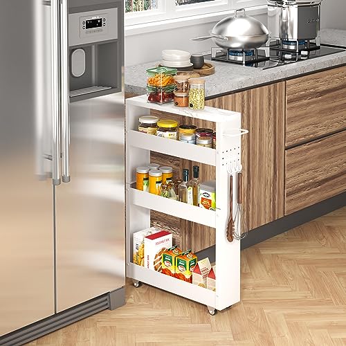 CHLORYARD Slim Storage Cart, 4-Tier Kitchen Rolling Cart Narrow Storage Cabinet with Handle & Wheels, Metal Rolling Shelf Unit for Kitchen Bathroom - WoodArtSupply