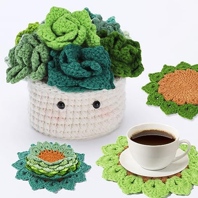 Hssugi Crochet Kit for Beginners - 6pcs Coasters in a Plant Pot Crochet Start Kit, Complete Beginner Crochet Kit with Crochet Hooks, Yarn, Clear