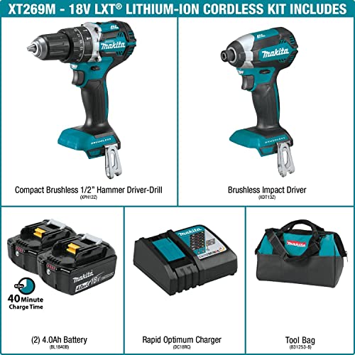 Makita XT269M 18V LXT Lithium-Ion Brushless Cordless 2-Pc. Combo Kit (4.0Ah), Blue - WoodArtSupply