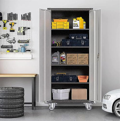 JAORD Rolling Metal Storage Cabinet with Locking Doors and 4 Adjustable Shelves, Garage Cabinets with Wheels for Garage, Office, Kitchen, Laundry &