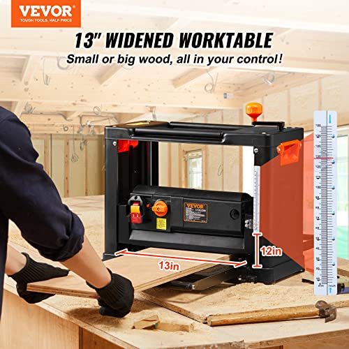 VEVOR Power Benchtop Planers, Three-Blade, Two Speed, 13" Width Worktable Thickness Planer with Extended Infeeding Table, Low Noise for both hard & VEVOR