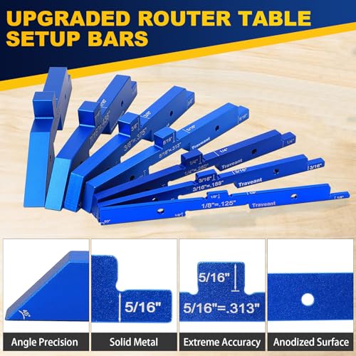 TRAVEANT Router Table Set Up Bars, 7PCS Aluminum Precision Setup Block Height Gauge Set for Woodworking Tools Table Saw Accessories Angle Depth Traveant
