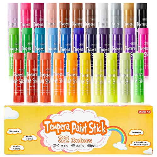 Tempera Paint Sticks, 32 Colors Solid Tempera Paint for Kids, Super Quick Drying, No-Toxic, Works Great on Paper Wood Glass Ceramic Canvas Shuttle Art