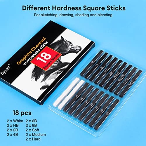 Dyvicl Compressed Graphite Charcoal Sticks, Square Black White Charcoal for Sketching, Drawing, Shading, Blending, Pack of 18 Dyvicl