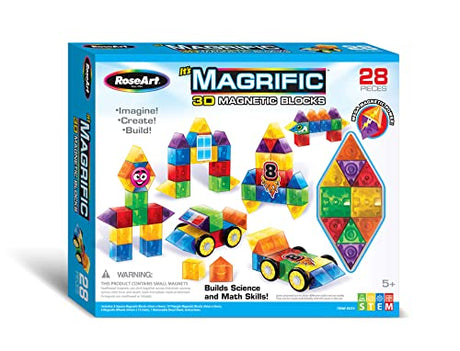Cra-Z-Art Magrific 3D Magnetic Blocks 28 Piece Set - Colorful Magnet Building Tiles with 3D Blocks, Vehicle Wheels - STEM Skills Cra-Z-Art
