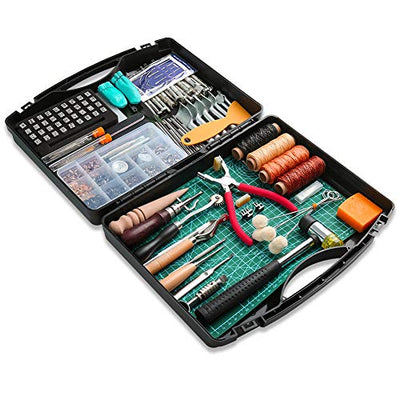 273 Pieces Leather Working Tools and Supplies with Leather Tool Box Cutting Mat Hammer Stamping Tools Needles Snaps and Rivets Kit Perfect for