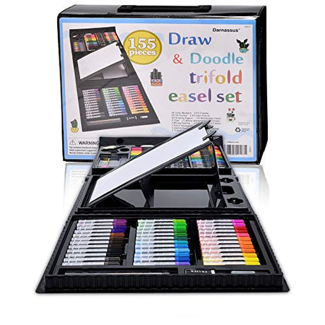 Darnassus 155-Piece Trifold Easel Art Set, Deluxe Professional Color Set, Compact Portable, with Crayons, Markers, Pencils, Color Cakes, and Sketch Darnassus
