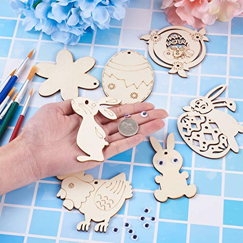 Craftdady 48pcs Easter Wooden Ornaments Wood Pieces Unfinished Egg Chick Hen Bunny Flower Wood Cutouts with Hemp Ropes, Wiggle Googly Eyes for DIY Craftdady