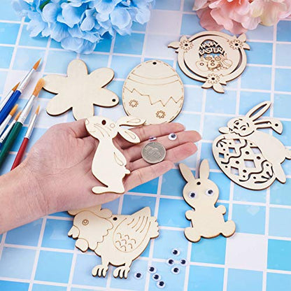 Craftdady 48pcs Easter Wooden Ornaments Wood Pieces Unfinished Egg Chick Hen Bunny Flower Wood Cutouts with Hemp Ropes, Wiggle Googly Eyes for DIY