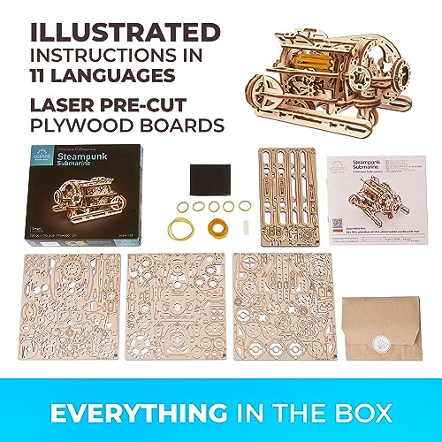UGEARS Steampunk Submarine - Ugears Wooden 3D Puzzles for Adults - Mechanical Wood Model - Brain Teaser Unique Puzzles - Educational and Creative UGEARS