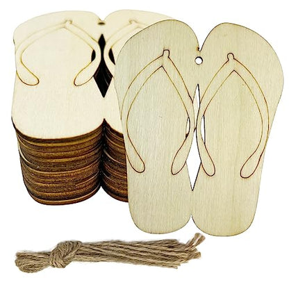 30PCS Unfinished Slipper Wood DIY Crafts Cutouts Wooden Flip Flop Shaped Hanging Ornaments with Hole Hemp Ropes Gift Tags for Hawaii Summer Holiday