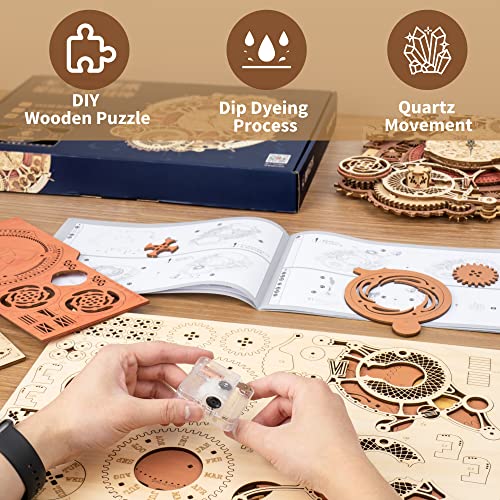 ROBOTIME 3D Wooden Puzzles for Adults, Models for Adults to Build Wooden Steampunk Clock Kit, DIY Mechanical Wall Quartz Aesthetic Room Decor Unique